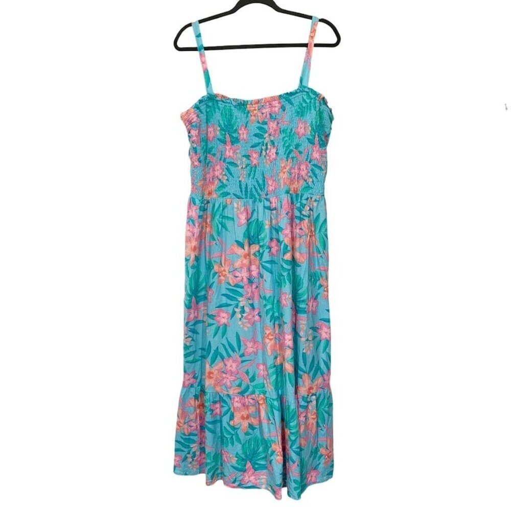 Floral Womens M Maxi Dress Smocked Spaghetti Strap Linen Blend Tropical Beachy